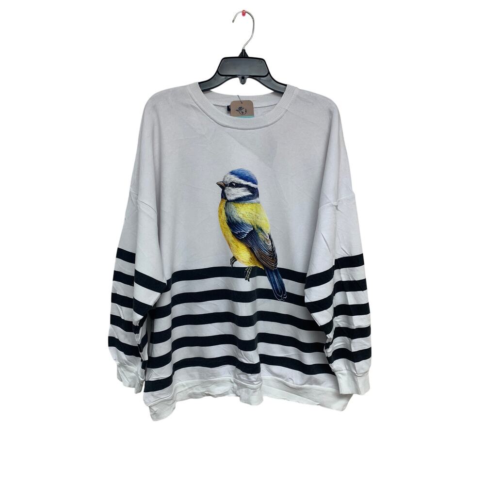 Upcycled Hand Printed Womens Large Yellow Blue Wild Bird Long Sleeve Sweatshirt